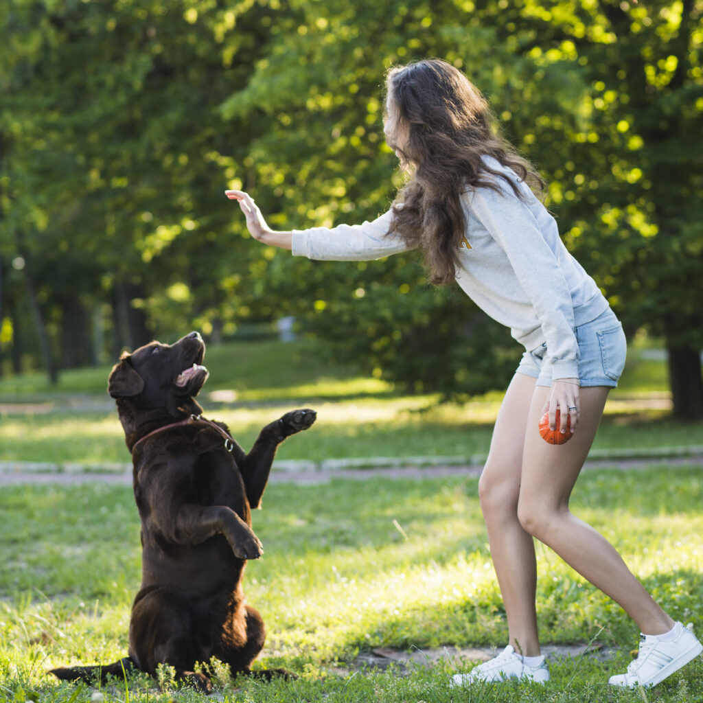 side view woman having fun with her dog garden
